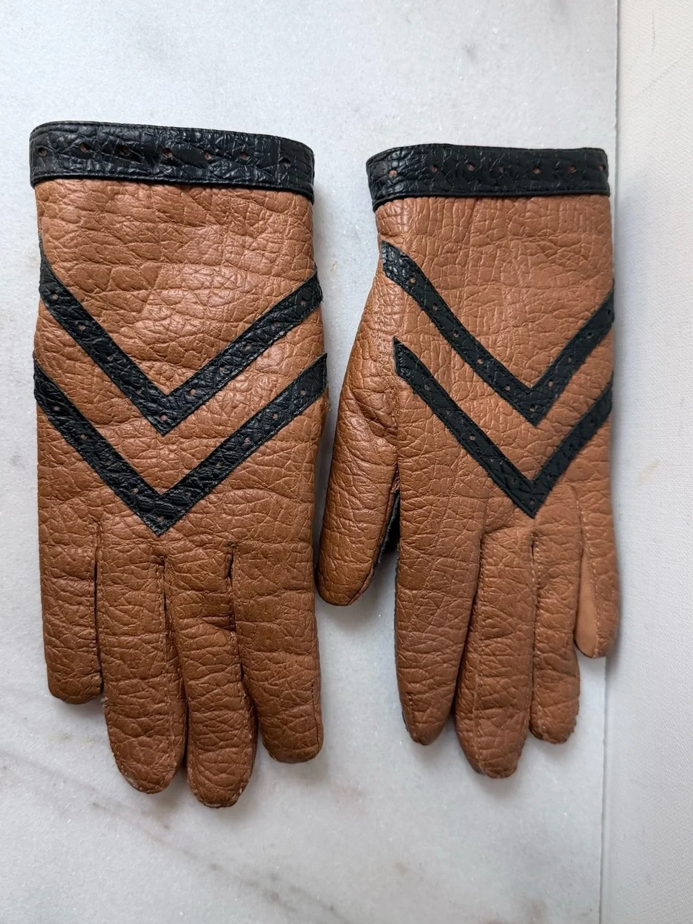 Brown Leather Gloves with Black Chevron Trim vintage